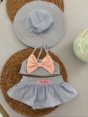 Ruffle Butts Blue & White Striped Swim Set with Pink Polka Dot Bow and Sun Hat